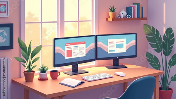 Obraz Eine isometrische Darstellung eines modernen Remote-Arbeitsplatz-Setups – ein Home-Office-Schreibtisch mit Monitoren. KI Generated