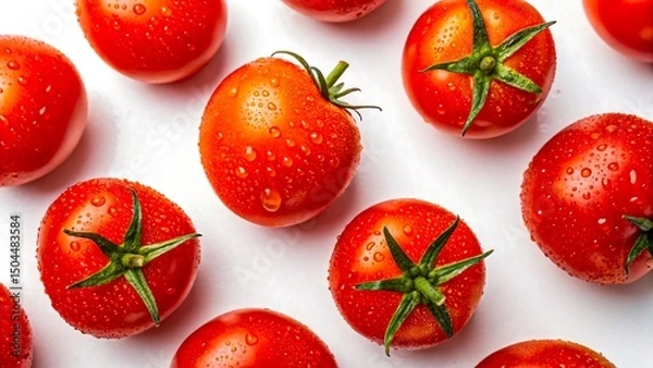 Obraz Fresh Red Tomatoes with Water Droplets on White Background A Vibrant Food Photography