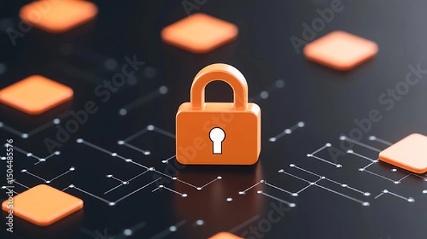 Fototapeta Digital Security Lock: A vibrant, stylized orange padlock against a network backdrop symbolizes data protection and cybersecurity in a modern, tech-focused design.
