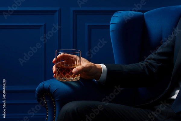 Obraz A person in elegant attire sits in a velvety blue armchair, holding a glass of amber liquid. The rich, dark blue wall panel in the background enhances the luxurious and sophisticated atmosphere. This 
