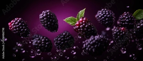 Obraz Fresh blackberries with water droplets against vibrant purple background