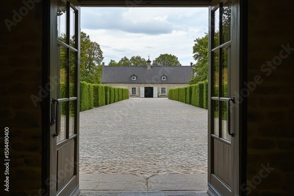 Obraz Elegant gateway frames a serene courtyard at a historical estate, lush greenery enhances the tranquil atmosphere under overcast skies