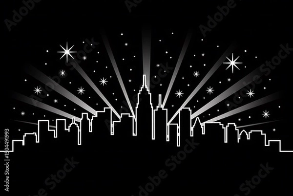 Fototapeta A stylized black silhouette of a city skyline at night, with glowing light beams, illuminated windows, and subtle star-like sparkles in the sky.