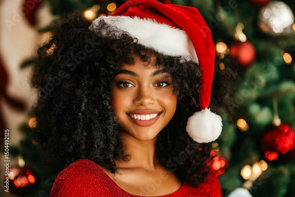 Obraz Beautiful black woman wearing santa hat smiling in front of christmas tree