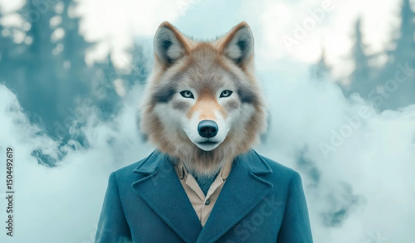 Obraz Wolf in elegant suit stands in misty forest