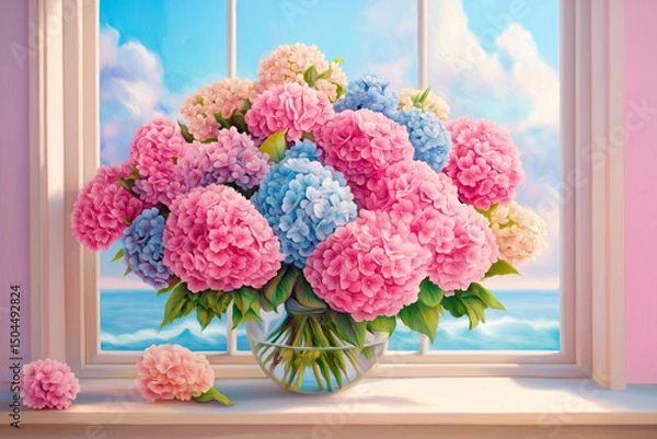 Obraz Colorful hydrangeas in glass vase bringing joy to seaside window