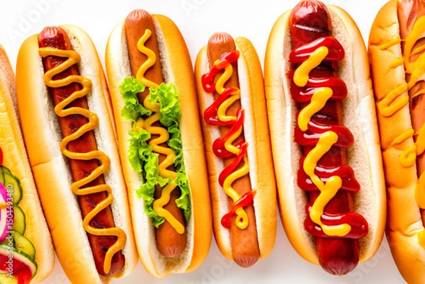 Obraz Hot dogs with mustard and ketchup resting on a white background