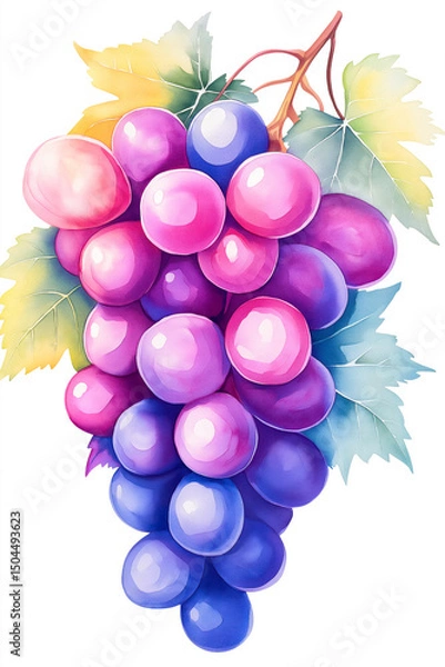 Obraz Bunch of grapes hanging from vine with colorful berries and green leaves