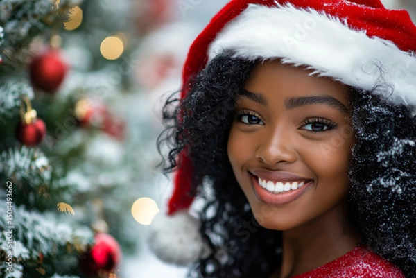 Obraz Beautiful woman smiling and wearing santa hat next to christmas tree