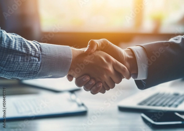 Fototapeta Two hands shaking with blurred modern office background. Concept of trust, partnership, and successful corporate deal
