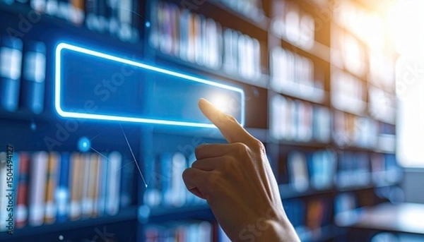 Obraz Hand pointing at a digital screen in a modern library with bookshelves in the background, symbolizing technology in education