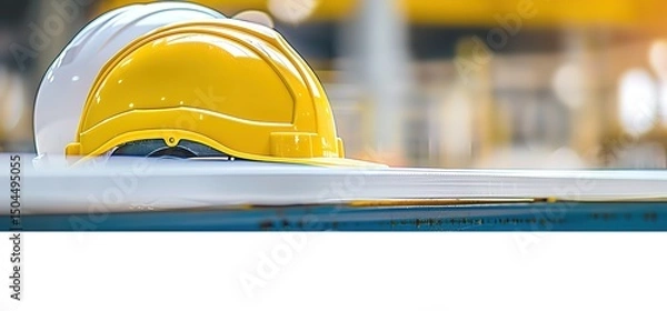 Obraz A yellow and white hard hat sits on a white surface, with a blurred background of a factory or construction site. Safety, construction, work, industry.