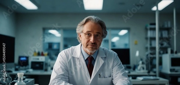 Fototapeta In a busy lab, a sharp-minded scientist commands attention in his white coat.

