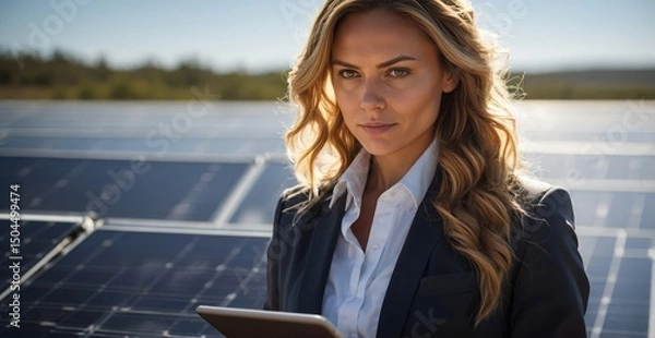 Fototapeta A focused technician holds a tablet by a sunlit solar grid.

