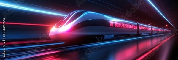Obraz Futuristic high-speed train on neon-lit tracks at night