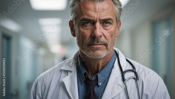 Fototapeta A contemplative, world-weary doctor in a hospital, their furrowed brow and distant gaze show wisdom and compassion.
