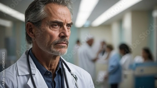 Fototapeta In a hospital, a wise, compassionate doctor with a furrowed brow and distant eyes, appears world-weary.
