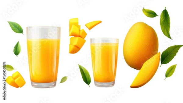 Obraz Glass of Fresh Mango Juice with Ripe Mango Slices Isolated on White Background