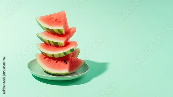 Fototapeta Stacked watermelon slices on a plate create a refreshing and colorful arrangement against a light teal background. The fruit exudes summer vibes and healthy snacking.