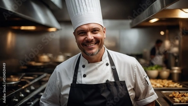 Fototapeta A genially grinning chef, head tilted, meets the camera with warm, skillful eyes.
