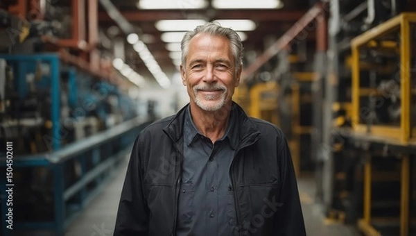Fototapeta Experience shows in the gentle smile of the manager amid heavy machinery.







