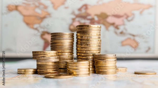 Fototapeta Global Finance: Stacks of gold coins arranged on a world map suggest worldwide economic concepts and investment opportunities.