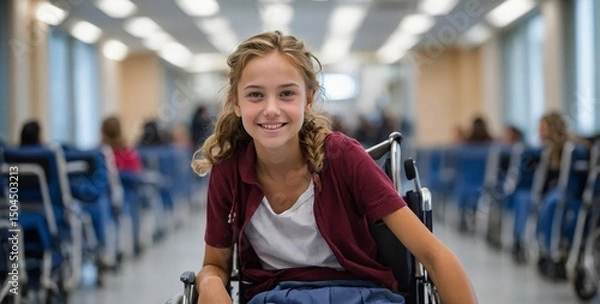 Fototapeta A resilient student in a wheelchair gazes ahead with determination.

