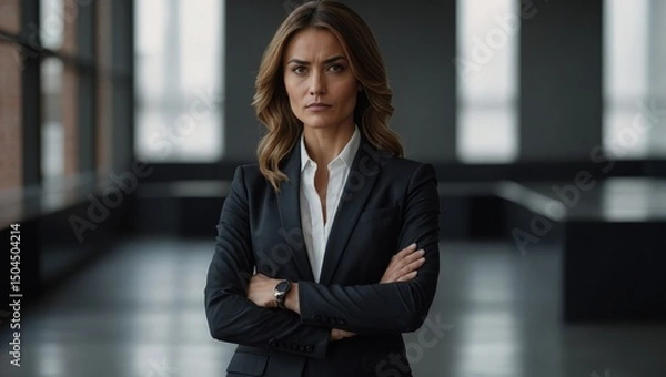 Fototapeta Fiercely poised, a sophisticated businesswoman stands with arms folded. Her sharp gaze conveys determination and authority, while her impeccably tailored suit exudes professionalism