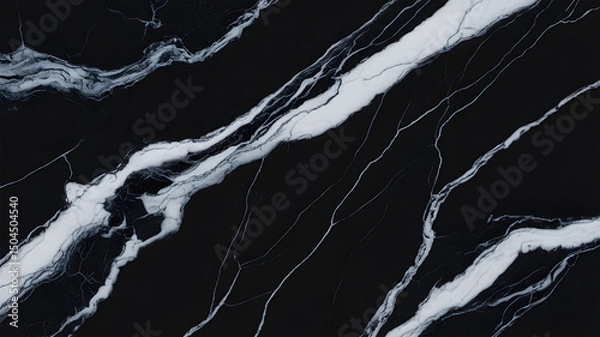 Fototapeta Full-frame 2D slab of Marquina black base with soft grey mist from Volakas veins.