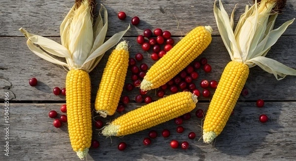 Fototapeta Fresh Corn Cobs and Cranberries on Wooden Table, Rustic Top View