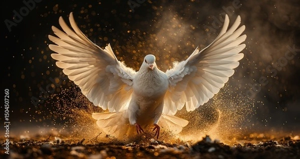 Obraz A white dove with its wings spread wide, standing on a bed of glowing embers. The dove is a symbol of peace, hope, and the Holy Spirit.