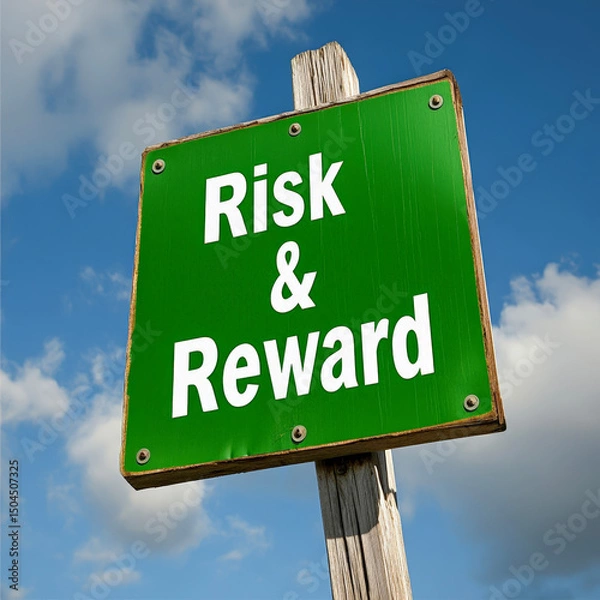 Fototapeta Green street sign showing "Risk & Reward" with dramatic sky backdrop