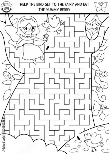 Fototapeta Black and white maze for kids with fairy, geometrical labyrinth shaped as tree. Fairytale printable activity, coloring page. Labyrinth game, puzzle with magic landscape, girl feeding bird