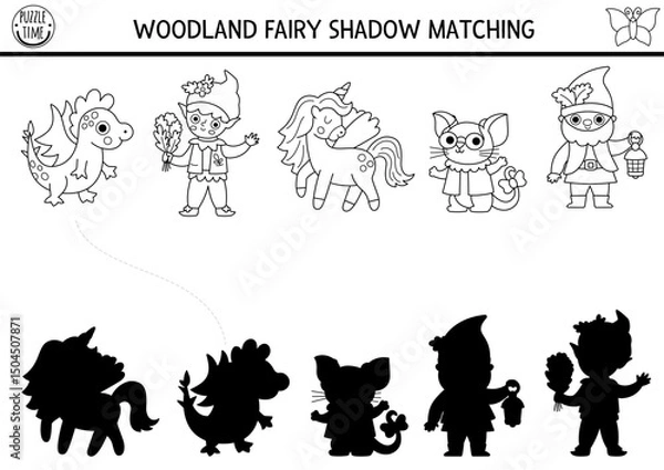Fototapeta Woodland fairy black and white shadow matching activity with fantasy creature. Magic forest puzzle with unicorn, dwarf, elf. Find correct silhouette printable worksheet. Fairytale coloring page