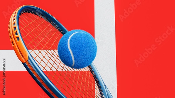 Fototapeta blue tennis ball near racket on abstract orange and white background 3d render..