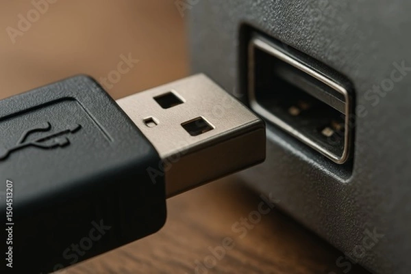 Fototapeta A close-up of a standard USB Type-A plug about to be connected to a port. The image captures a common moment in modern digital connectivity.