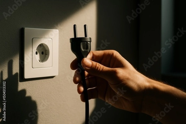 Fototapeta A hand holds a black power plug near a wall socket, preparing to connect or disconnect a device. Sunlight casts shadows on the neutral wall.