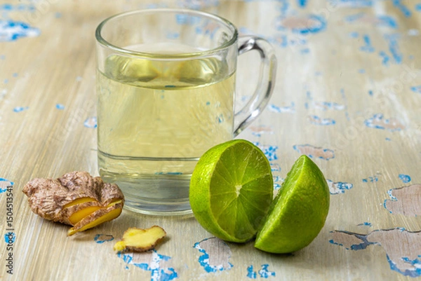 Fototapeta Ginger and lime drink on a rustic wooden table
