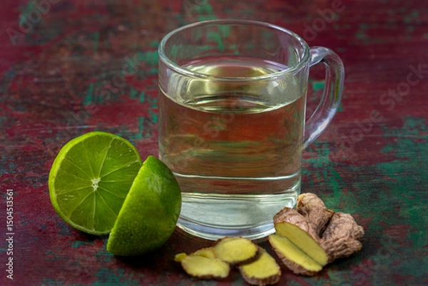 Fototapeta Warm ginger tea with lime on a rustic table