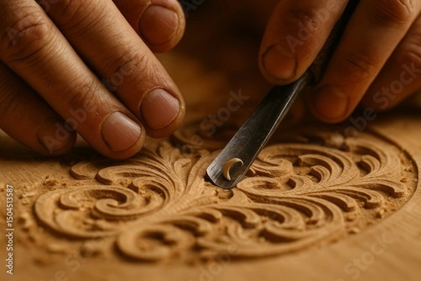 Fototapeta Close-up of a craftsman's hands carving intricate floral patterns into wood with a chisel. Beautiful detail work in traditional woodworking.