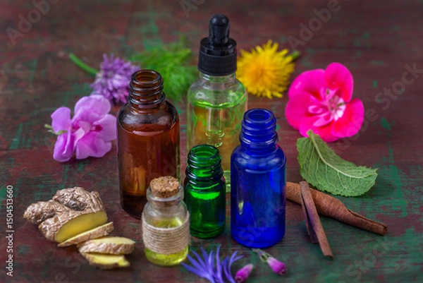 Fototapeta Essential oils on display table