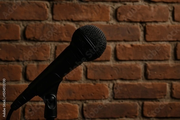 Fototapeta lose-up of a black microphone on a stand in front of a rustic brick wall. Perfect setup for stand-up, live music, or podcasting in an urban setting.