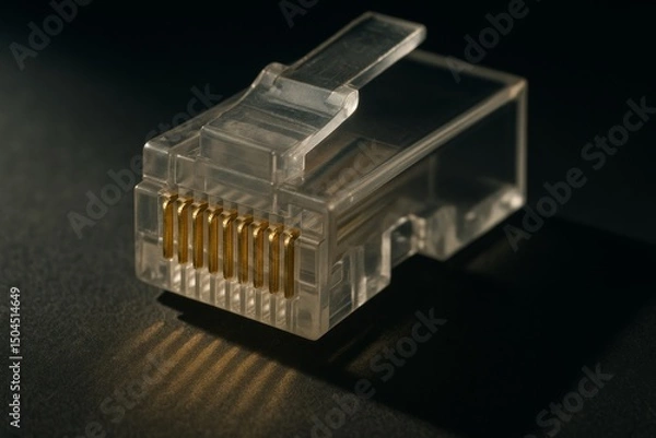 Obraz Transparent RJ45 connector with visible gold contacts on a dark surface. Commonly used for Ethernet cables in networking and internet infrastructure.