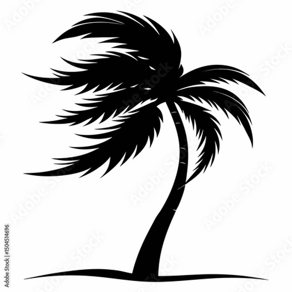 Fototapeta Solitary Palm Tree Silhouette with Windblown Fronds Tropical Island Vector Design