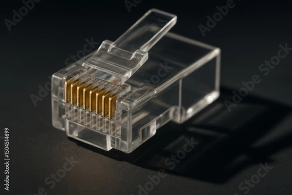 Obraz Transparent RJ45 Ethernet plug with gold contacts on a dark surface. Ideal for networking, data transfer, and communication technology illustrations.