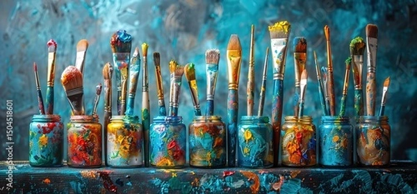 Obraz Assortment of paintbrushes in glass jars with colorful paint splatters. Art supplies for painting, creativity and artistic expression.