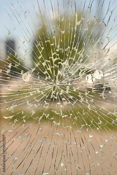 Obraz shattered safety glass on a public transport bus stop. The cracks form a circular spiderweb pattern, creating an abstract texture with sharp reflections. The background is softly blurred and shows tre