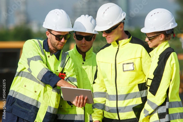 Fototapeta Engineering team in safety gear planning pipeline maintenance at oil and gas refinery site with storage tanks in the background.