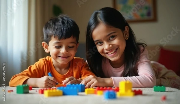 Fototapeta indian mother playing with son using blocks