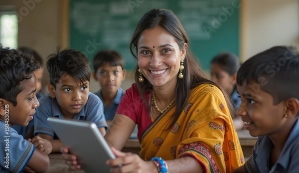 Fototapeta indian educator explaining lesson with digital tablet